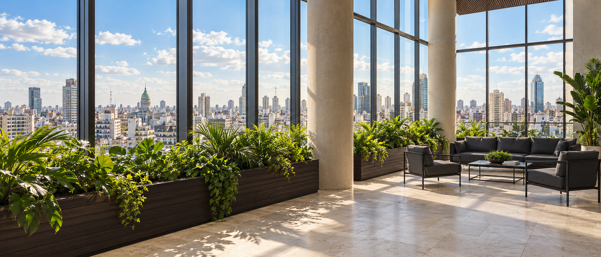 Living con ventanales y vista al skyline de Buenos Aires